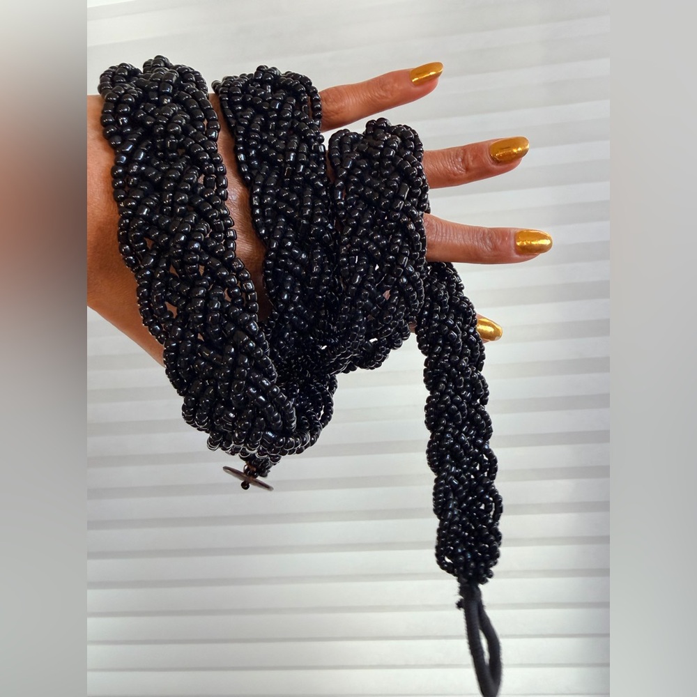 Vintage Braided Beaded Black Belt | Hand-Beaded | Wood Button Closure